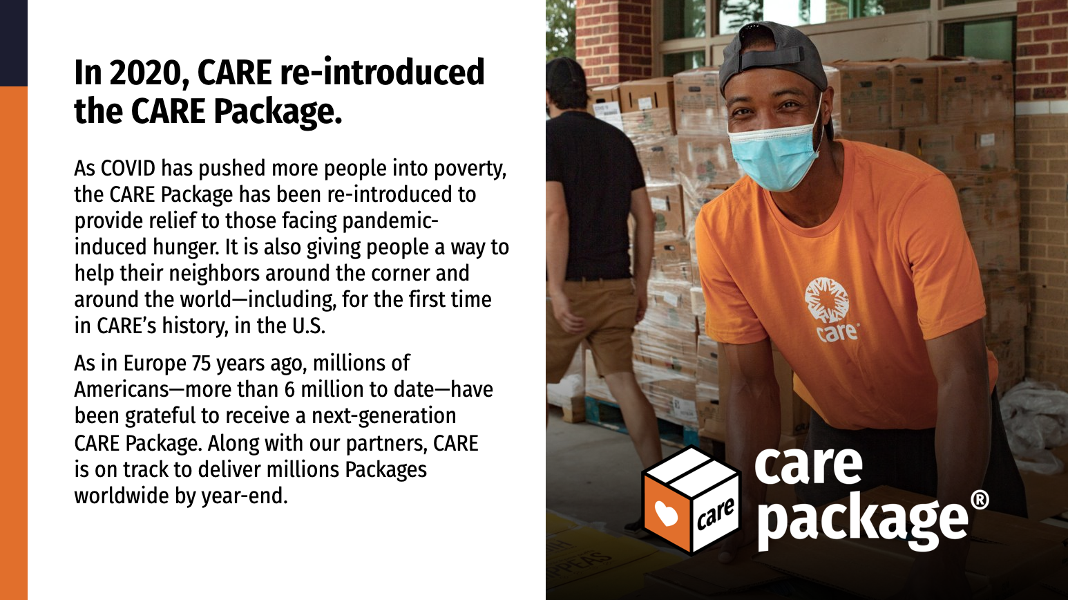 A slide from the CARE Package presentation detailing the 2020 reintroduction of the CARE Package.