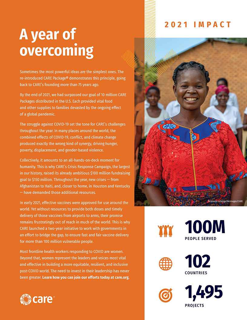 FY21-Fact-Sheet_Page_1 Front page of the FY21 CARE Overview fact sheet. It's titled "A year of overcoming."