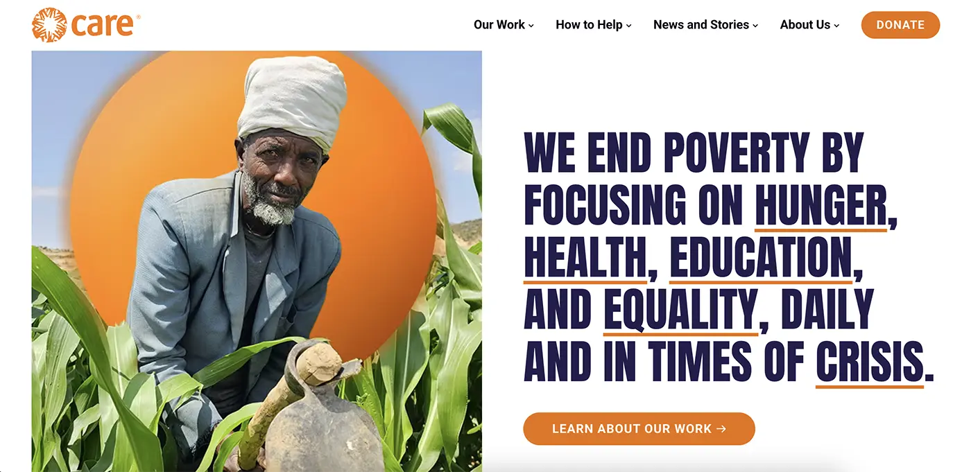 circle-care-example Screenshot of the care.org homepage showing a portrait of a man highlighted by the circle of CARE